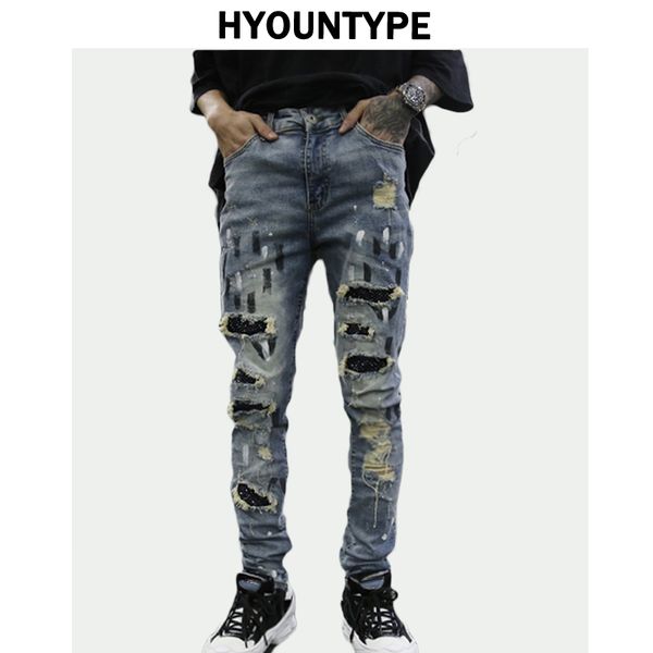 

graffiti printed ripped destroied denim jean mens distressed biker jeans with sequins 2018 fashion high-street slim pants jogger, Blue