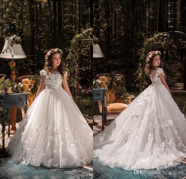 Bella principessa Flower Girl Abiti per matrimoni Fiori in rilievo Farfalle Bambini Abiti da sposa Abiti da spettacolo