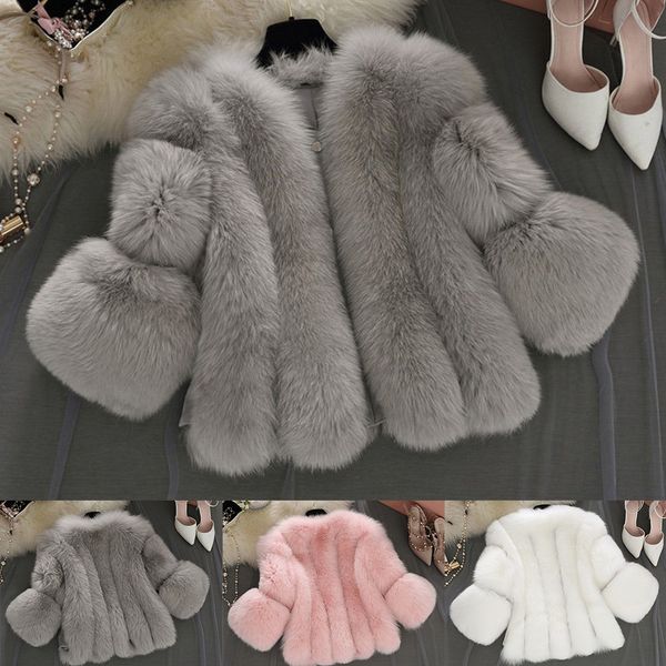 

faux fur coat women winter warm artificial fur coat overcoat female ladies faux furs jacket women casaco feminino, Black