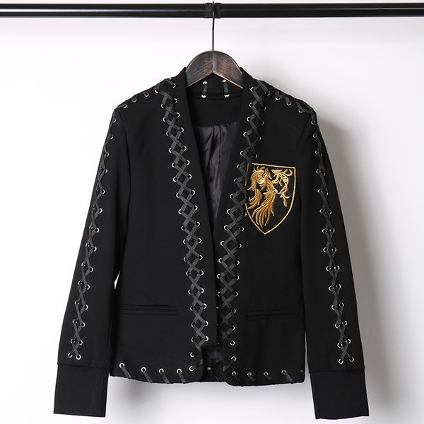 

plus size men gold embroidery ribbons short blazer spring autumn slim fit solid club performance suit jacket formal outwear, White;black