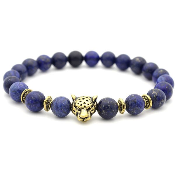 

8mm natural stone lapis lazuli gold silver color leopard head bracelet beaded bangle for men women, Black