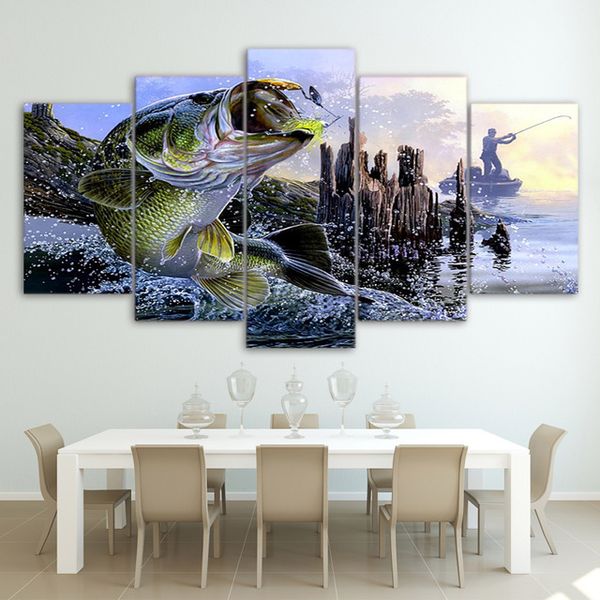 

abstract canvas painting wall art oil poster wall modular pictures 5 panel huge fish for living room home decor frames