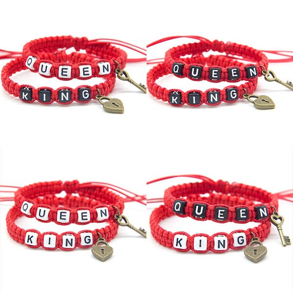 

2pcs/pair artificial couple bracelets bling red beadeds king queen with key lock rope chains lovers boyfriend girlfriend gifts, Golden;silver