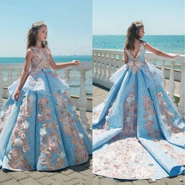 

2018 vintage blue lace girl pageant dre e ball gown children birthday party dre e teenage prince toddler dre e weep train