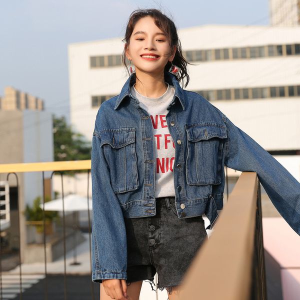 

2018 new arrival short big pocket female denim jacket single breasted slim casual female jackets women oversized jean coat blue, Black;brown