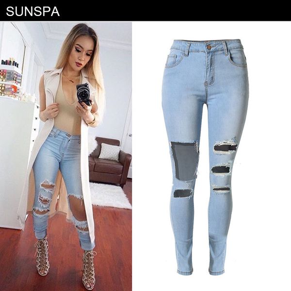 

sunspa new 2018 skinny jeans women denim pants holes destroyed knee pencil pants casual trousers stretch ripped women jeans, Blue