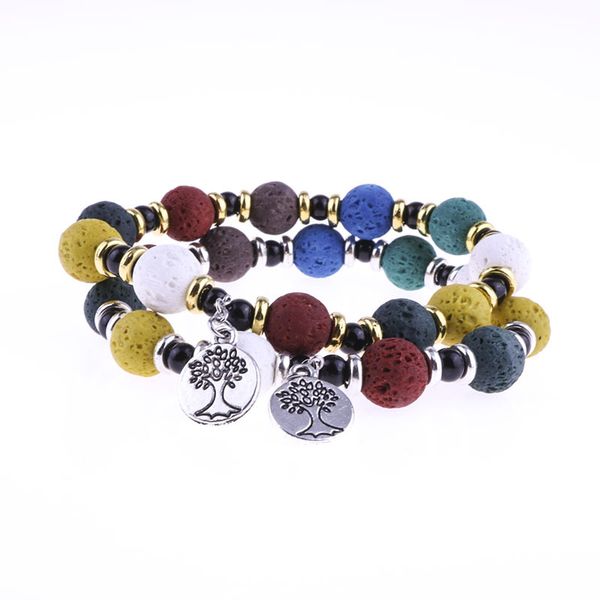 

10mm lava rock stone tree of life bracelet colourful volcanic stone aromatherapy essential oil diffuser bracelet jewelry, Golden;silver