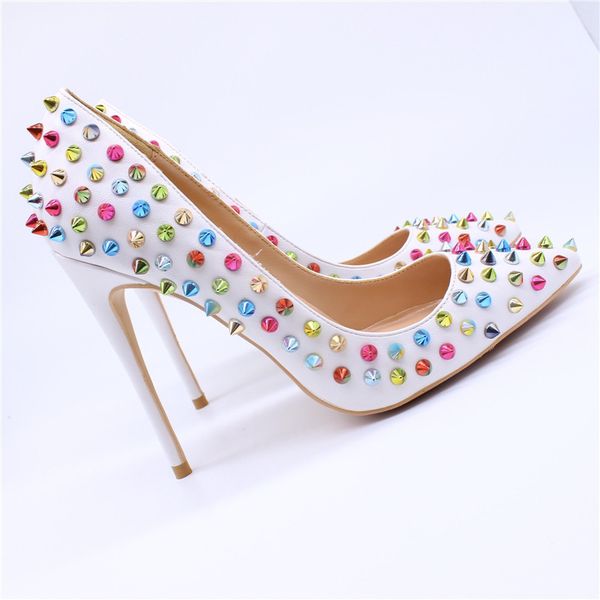 

women lady woman 2018 fashion white leather multi spikes poined toes wedding heels stiletto high heels shoes pumps boots 12cm, Black