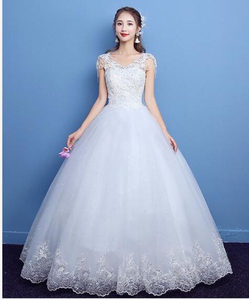 Laço coreano V Neck Beading Vestidos de Noiva Vintage 2018 Nova Moda Elegante Princesa Appliques vestido de noiva personalizado