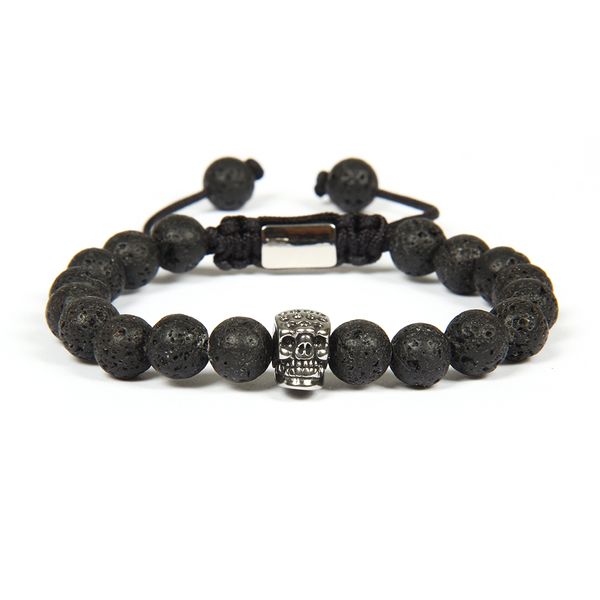 Nova Pulseira Religiosa Atacado 10 pçs / lote 8mm Lava Rocha Pedra Antiga de Prata Em Aço Inoxidável Crânio Macrame Pulseiras Não Desaparecer