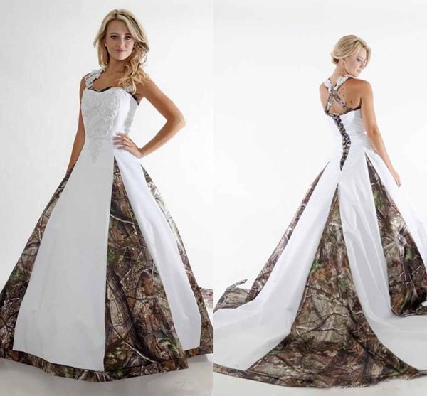 2018 Camo Vestidos de Casamento Longo Cintas de Espaguete Jardim País Rendas Vestidos De Noiva Personalizado Plus Size A Linha de Vestidos de Festa de Casamento Desgaste