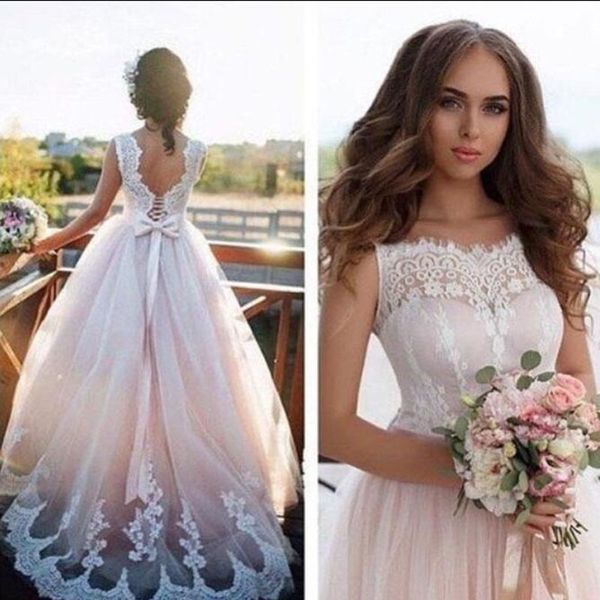 2019 Princess Blush A-line Abiti da sposa Sheer Bateau Neck Applicazioni in pizzo Aperto sul retro Corsetto Abiti da sposa con lacci Sweep Train