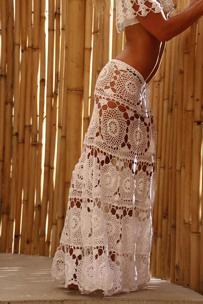 

handmade crochet swing maxi skirt, summer white crochet maxi skirt, bohemian maxi skirt women's beach clothing cotton, Black