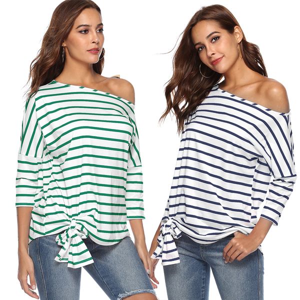 

2018 new women's stripesd blouse t-shirt women's style one shoulder bat sleeve casual t-shirt blouse s-xl 3colors ing, White