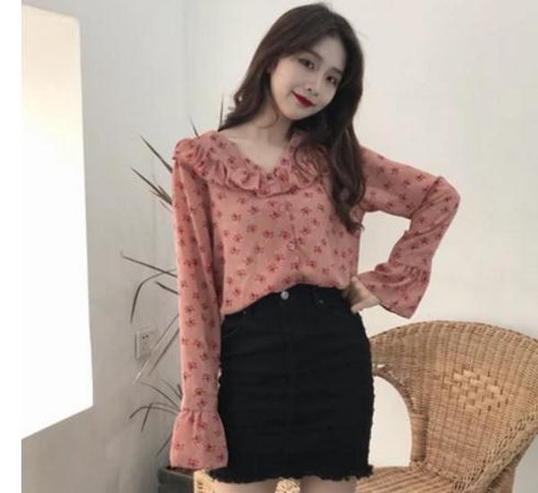 

new products lotus leaf sleeves v collar loose and comfortable shirts korean chiffon shirts in spring, White