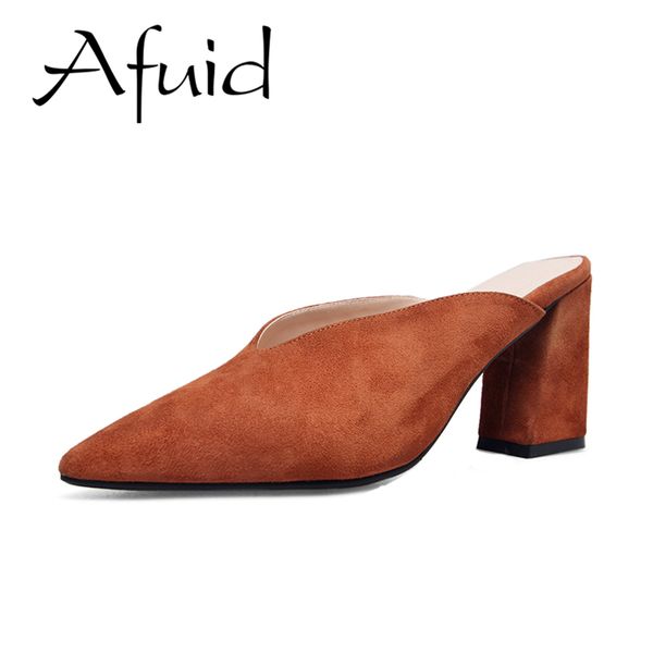 

afuid women's shoes 2018 summer slippers women sandals sheep suede leather pointed toe thick heels shoes pumps big size slippers, Black