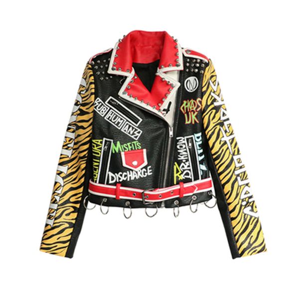 

women leather jacket fashion motorcycle leather outwear women slim fashion graffiti letters spell color slim short coat, Black