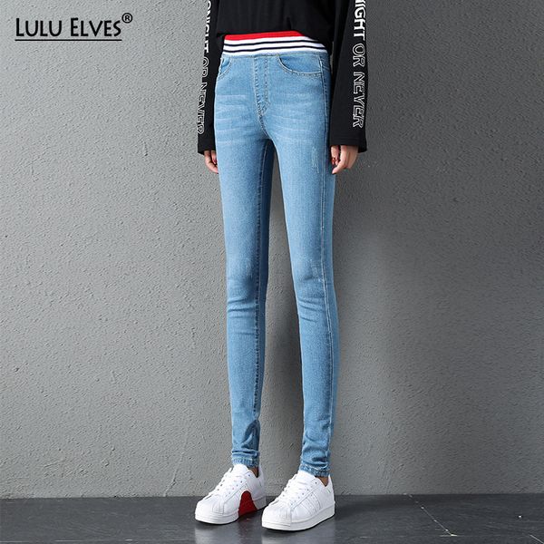

new autumn plus size stretch denim jeans for women elastic waist skinny pencil pants silm high waist full length casual pants, Blue