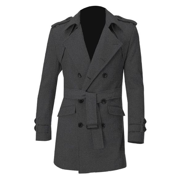 

men epaulets slim fit double breasted belted worsted coat trench winter long jacket double breasted overcoat woolen outwear, Black