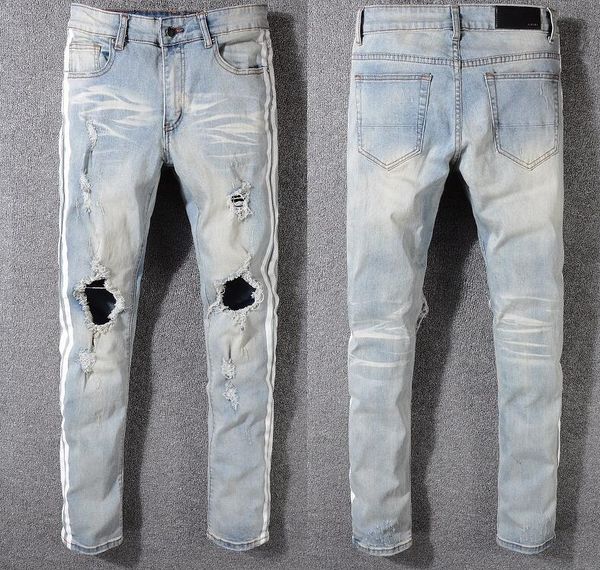 

new men's jeans distressed hollow out pants mix white sides stripe blue denim skinny jeans slim trousers casual pant size 28-40