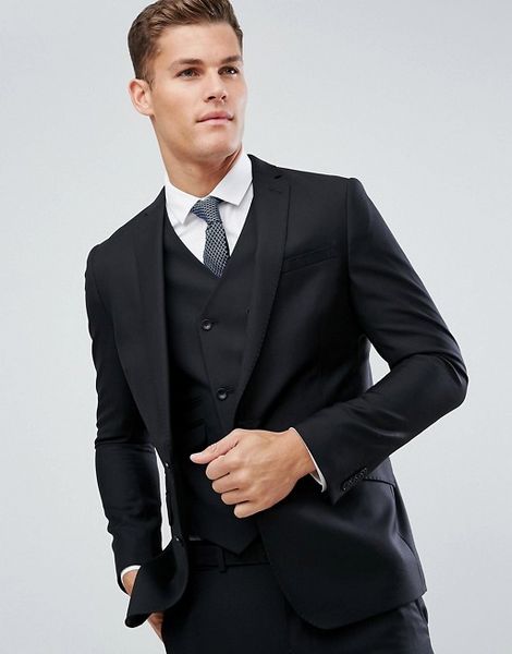 Hübsche schwarze Herrenanzüge Slim Fit Trauzeugen Hochzeit Smoking für Männer Blazer mit spitzem Revers Dreiteiliger formeller Anzug (Jacke + Weste + Hose)