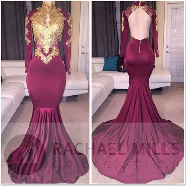 

2018 new burgundy long sleeves gold lace prom dresses mermaid appliques lace beaded high neck keyhole backless court train prom party gowns, Black