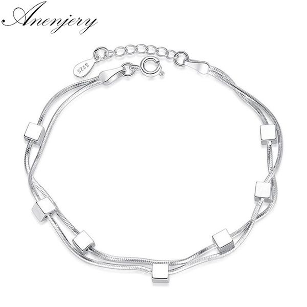 

anenjery 925 sterling silver bracelet square box star double chain adjustable bracelet anklet for women pulseira s-b167, Black