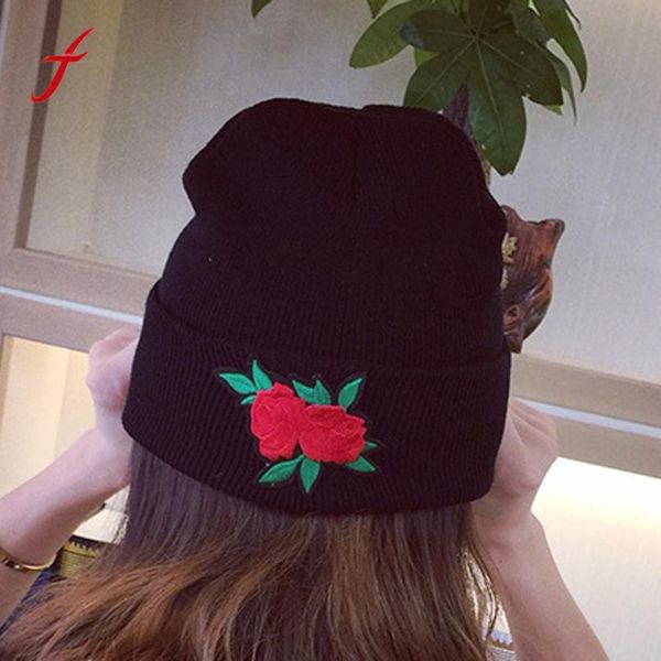 

2017 fashion women winter keep warm rose embroidery applique crochet ski hat braided cap hats for girls thick female caps, Blue;gray