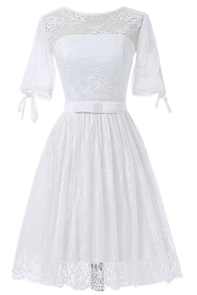 

see through sash draped new half sleeve short wedding dresses a line lace knee length party bridal gowns selling, White