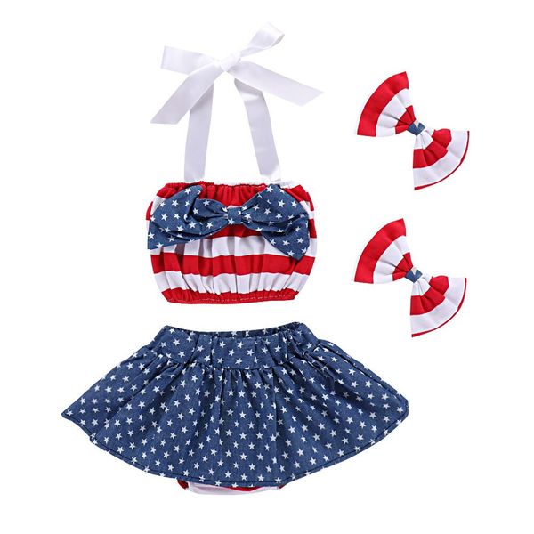 

baby american flag skirt set ins girls suspender star princess dresses with bow headband 2018 summer boutique kids clothing, White