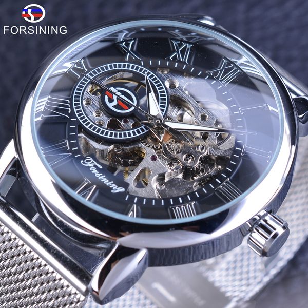 

forsining mechanical watches fashion skeleton clock silver stainless steel band casual men's wrist watch luminous hands d18101301, Slivery;brown