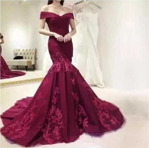 

2020 mermaid evening dresses burgundy off shoulder cap sleeve lace appliques beaded prom gowns plus size formal party dress, Black;red