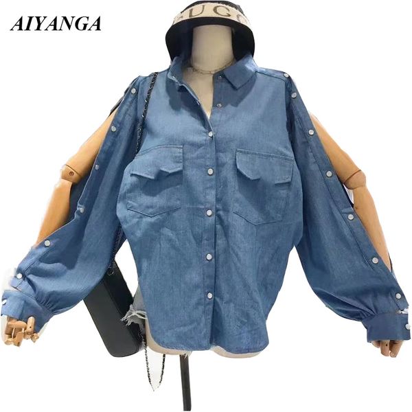 

2018 new fashion off shoulder women denim blouses summer autumn single-breasted shirts female casual blouse cool streetwear, White