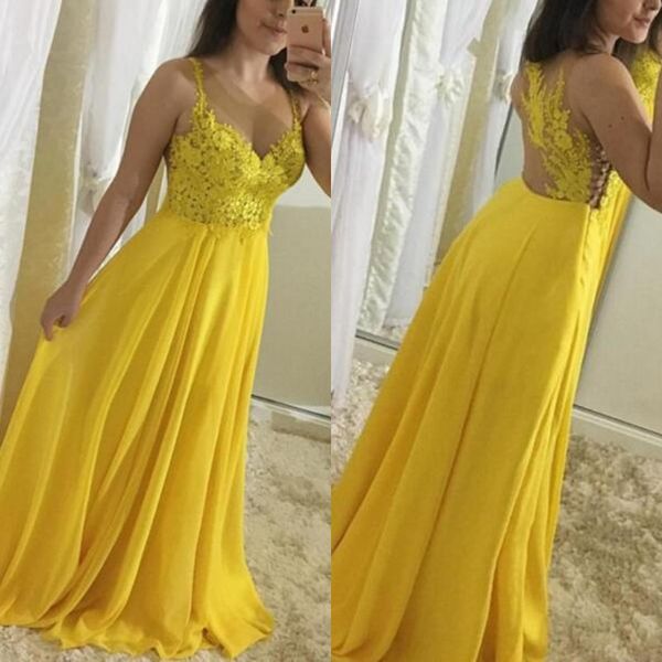 2019 Plus Size Vestidos de Baile Longo Sheer Jewel Pescoço Rendas Apliques Top Aberto Voltar Até O Chão Amarelo Chiffon Evening Partido Vestidos Custom Made