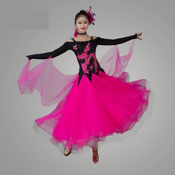 

new big swing sequins standard ballroom dance dress customize professional long sleeve tango waltz dance competition costumes, Black;red