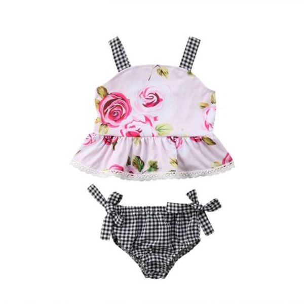 

toddler kids baby girls princess summer sunsuit infant newborn baby girl floral sleeveless crop lattice shorts 2pcs clothes, White