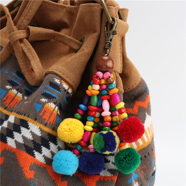 

1pc 2018 new pompom keychains with colorful wooden beads bohe style tassel handamde bag hanging pendant, Silver
