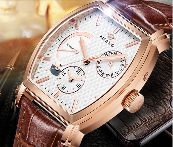 

vintage men tonneau automatic dress watches elegant british wind businessmen calendar wrist watch leather analog relojes w026, Slivery;brown