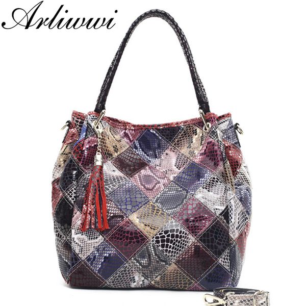 

arliwwi brand classical snake pattern ladies tote 100% genuine leather fashion women's real cowhide crossbody bag handbags d18102303