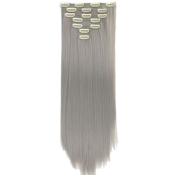 

soowee 24'' long straight high tempreture fiber synthetic hairpiece blonde gray mega hair clip in hair extensions full head, Black;brown