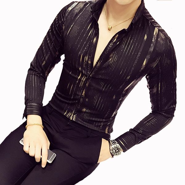 

luxury gold shirt men 2017 new long sleeve black white navy party club night bar stage clothing male shirt chemise homme, White;black