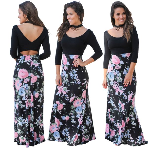 

new autumn fashion women casual dresses long sleeve hollow out dress backless flora printed dress maxi dress, Black;gray
