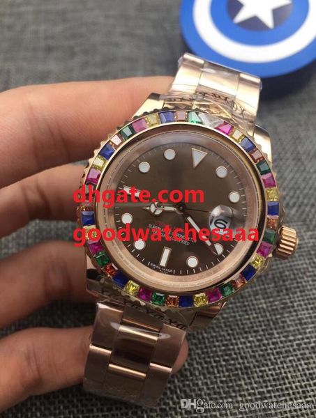 

горячие продажи азии 2813 механизм мода часы коричневый dial40mm116695 радуга алмазный безель механические автоматические мужские классическ, Slivery;brown