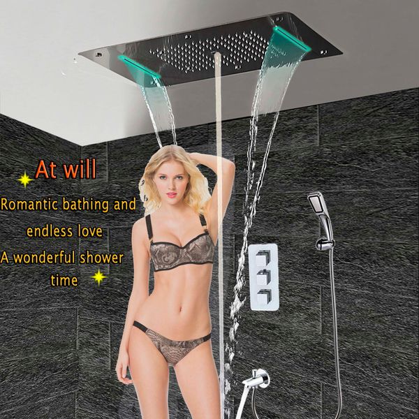 Bad Dusche Wasserhahn Verborgen Thermostat Mischer Panel Wand Messing Auslauf Mischbatterie LED Decke Dusche Kopf Regen Wasserfall SPA ducha