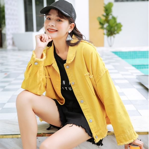 

oversized rips detail boyfriend denim jacket autumn womens jackets coats yellow lapel single breasted casual fall jacket, Black;brown