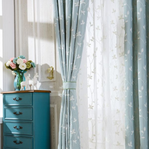 

slow soul]cotton embroidered curtains light blue white leaves window curtains sheer drapes rideaux living room cortina