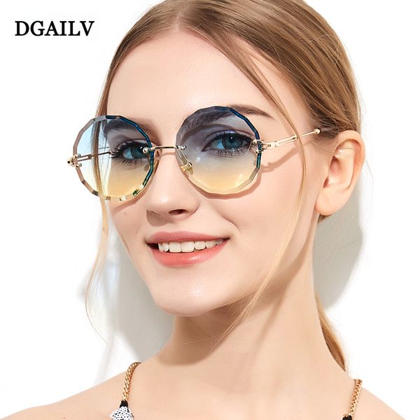 

dgailv2018 round sunglasses women designer rimless crystal sun glasses uv400 female lunette de soleil gunes gozlugu pink glasses, White;black