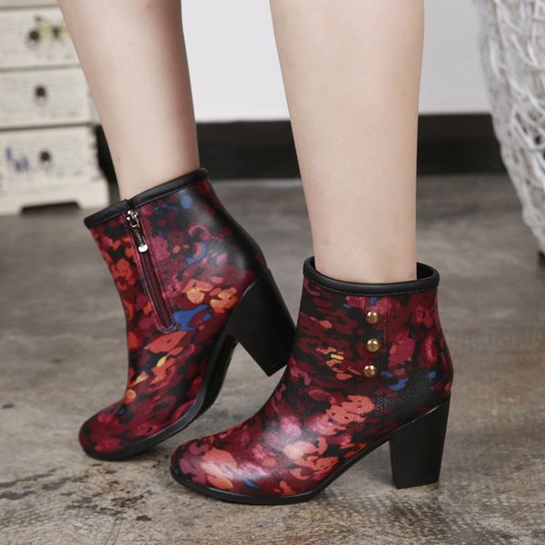

autumn women fashion rain boots female middle tube rain boots with high heel ladies fashionable casual shoes women boots, Black;red