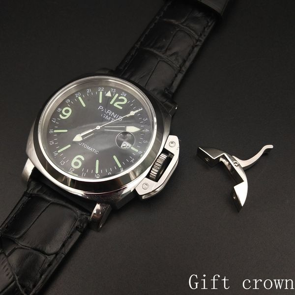 

gmt wristwatch seagull movement automatic watch 44mm polished case, Slivery;brown