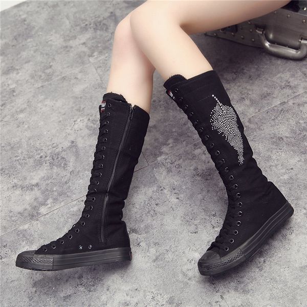 

new 2018 women boots canvas lace up knee high boots women motorcycle flat casual tall punk shoes woman antiskid side zipper shoe, Black